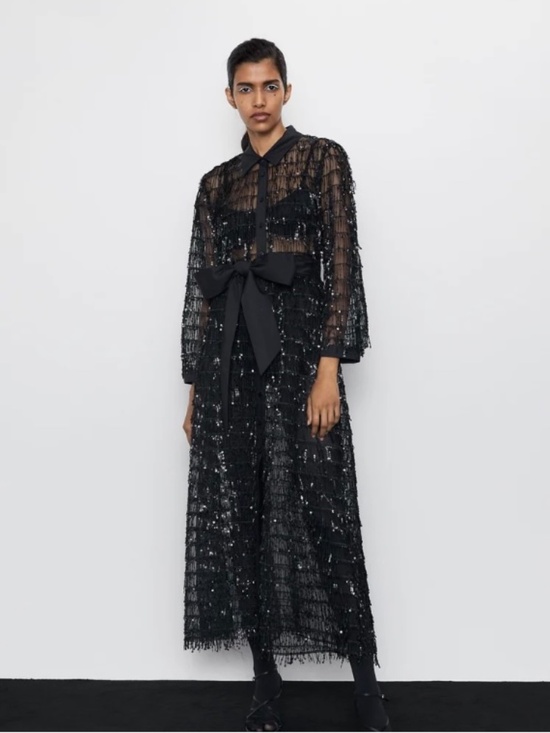 Zara Dresses & Skirts - Zara NWT Black Sequined Button Front Dress Belted Tie Waist Maxi Size XL
